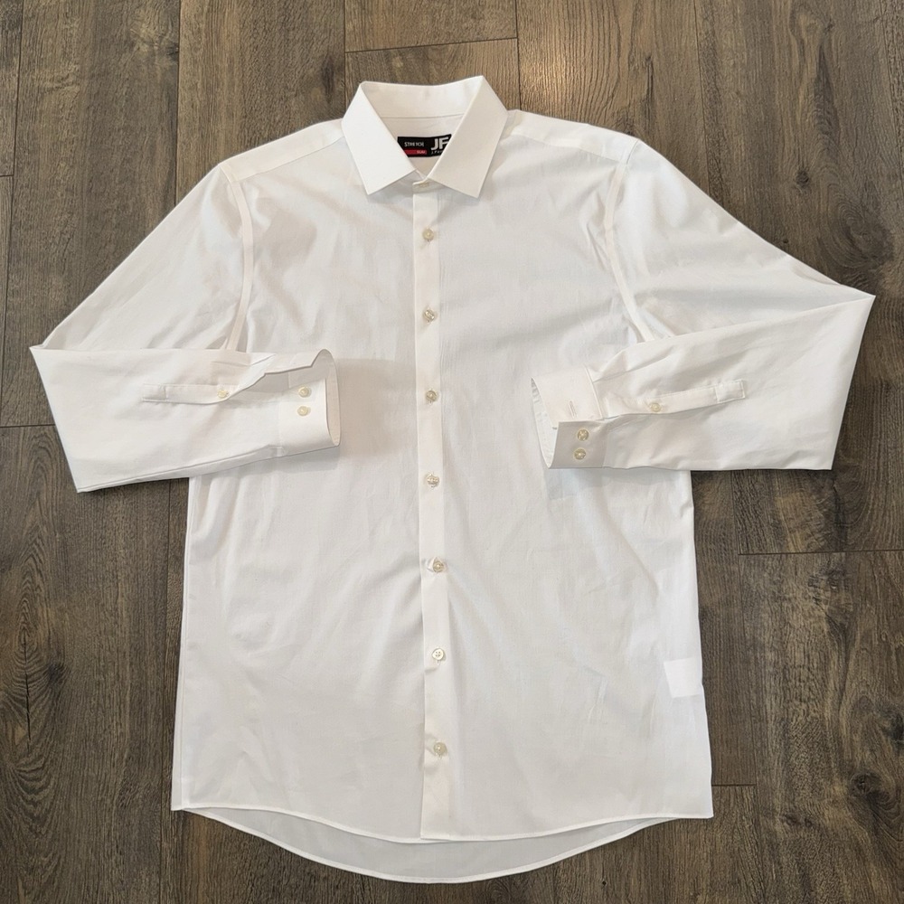J.Ferrar Button Front Dress Shirt White Long Sleeve Cotton Stretch Sz M 15-15.5